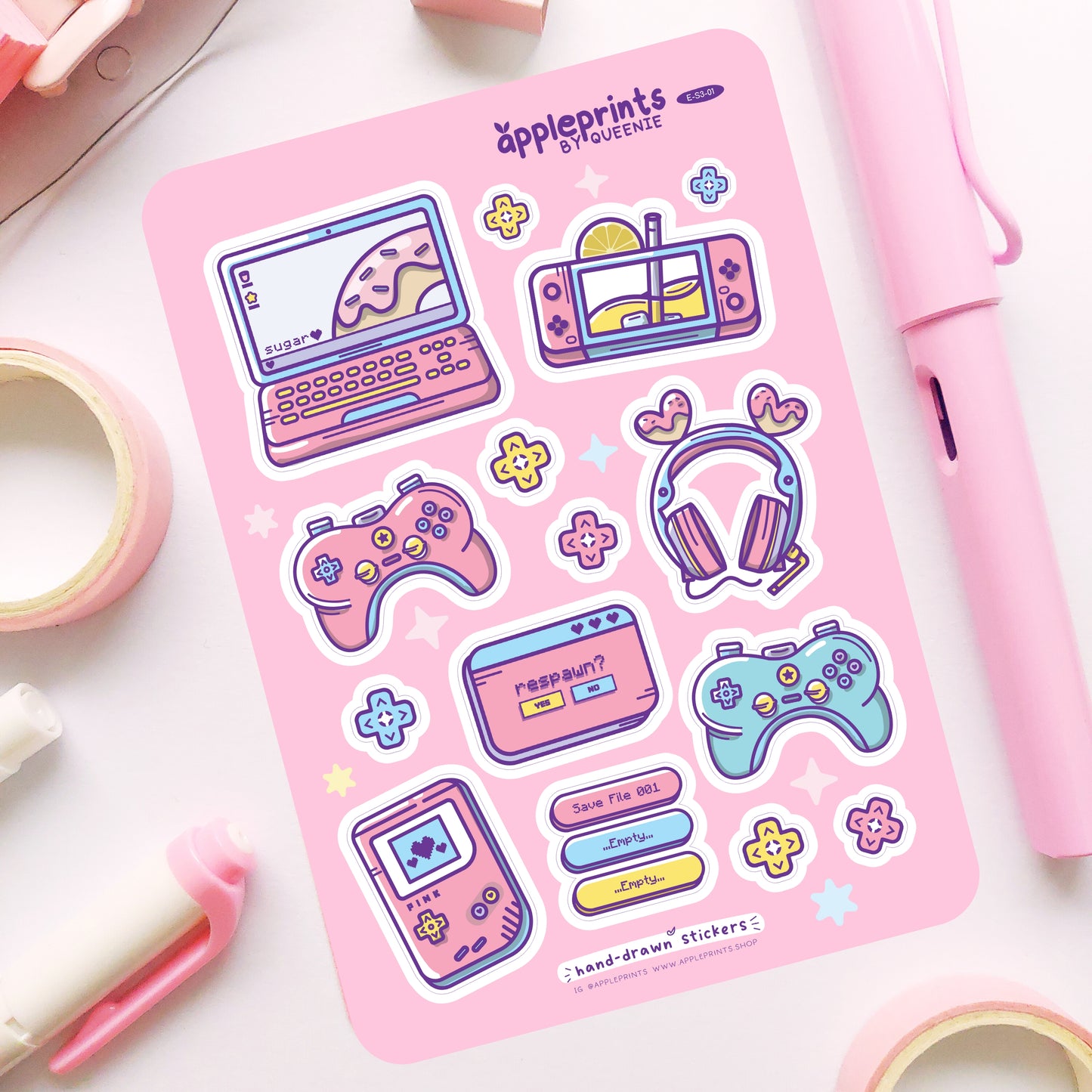 Gamer Girl Kawaii Pastel Pink Hand-drawn Deco Sticker Sheet