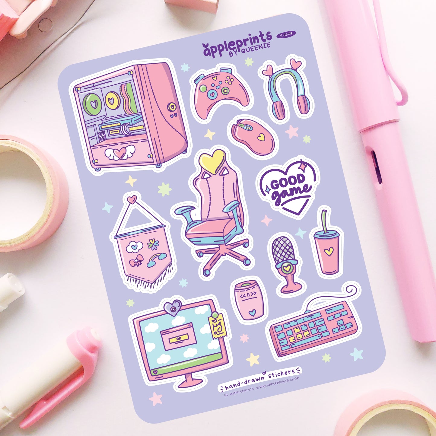Good Game, GG, Cute Gamer Girl Aesthetic Hand-drawn Deco Sticker Sheet