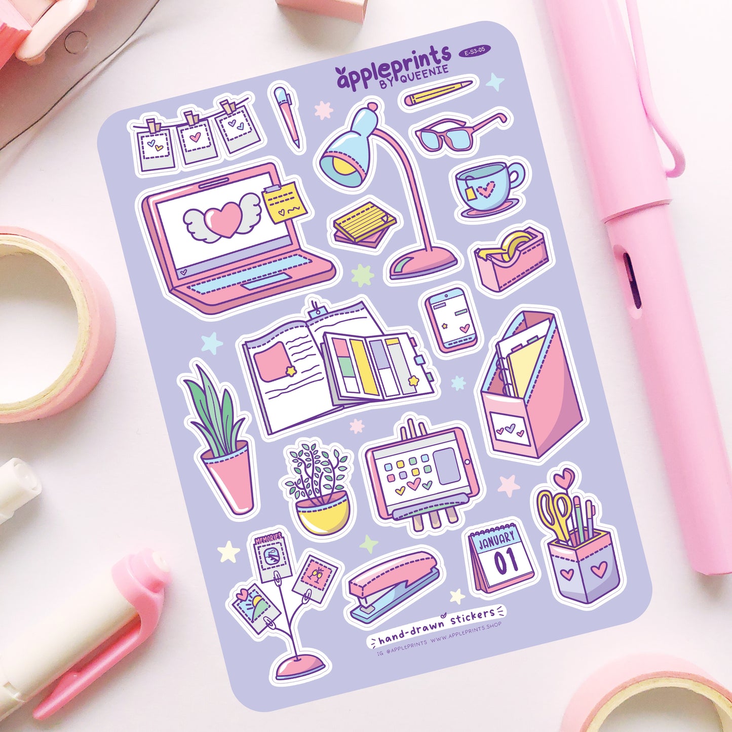 Aesthetic Desk Essentials Hand-drawn Deco Sticker Sheet