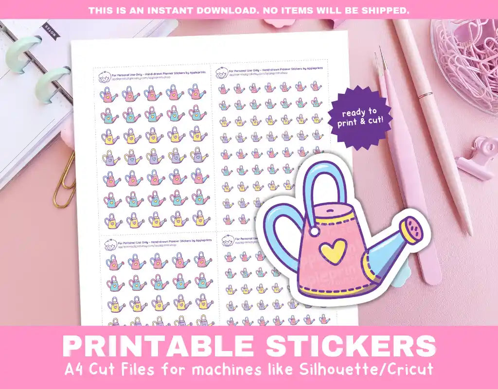 Watering Can Printable Planner Icons Functional Stickers for Cricut & Silhouette Print and Cut