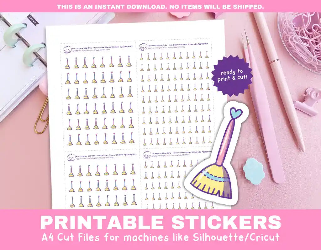 Broom Printable Planner Icons Functional Stickers for Cricut & Silhouette Print and Cut
