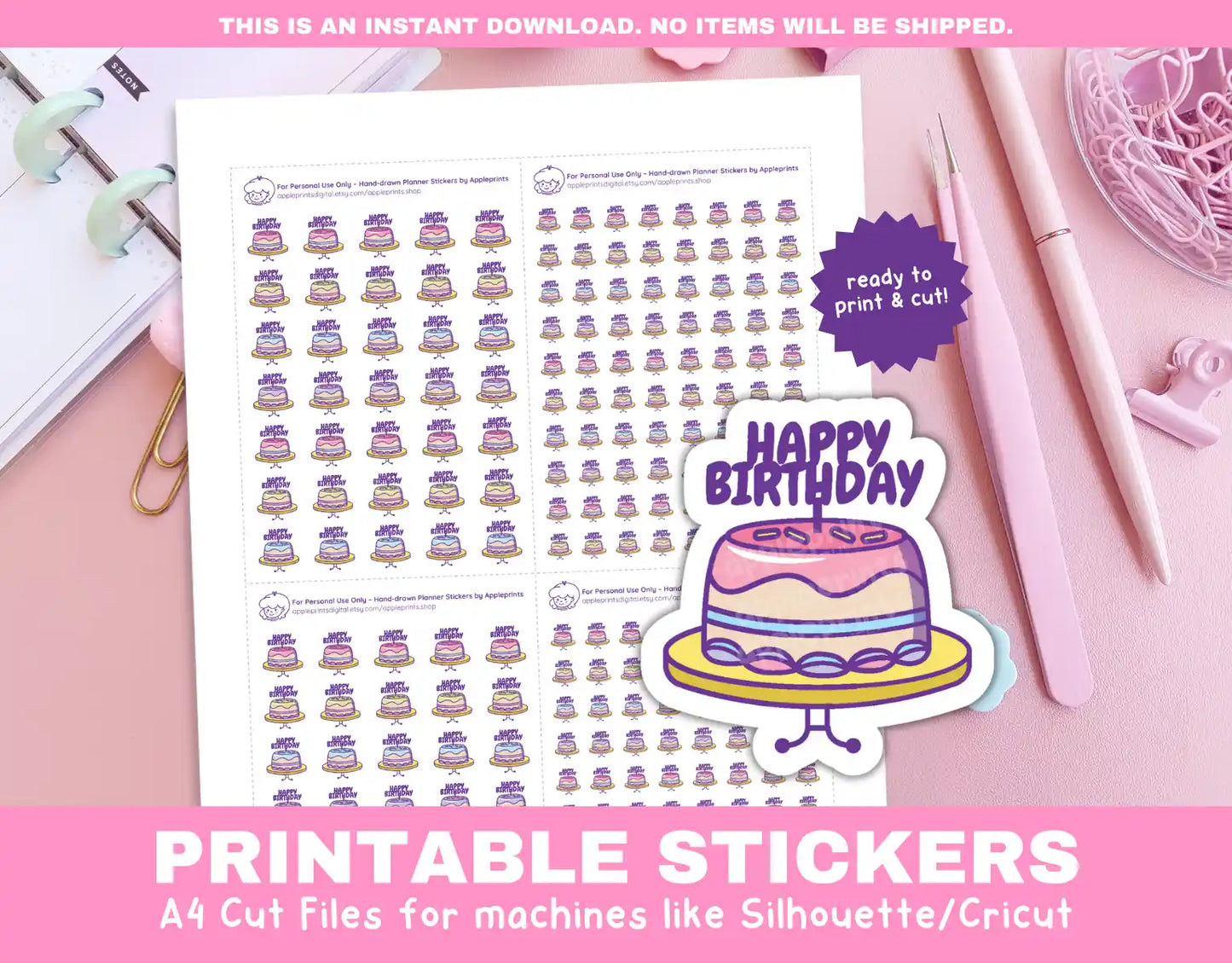 Birthday Cake Planner Icons Functional Stickers for Cricut & Silhouette Print and Cut