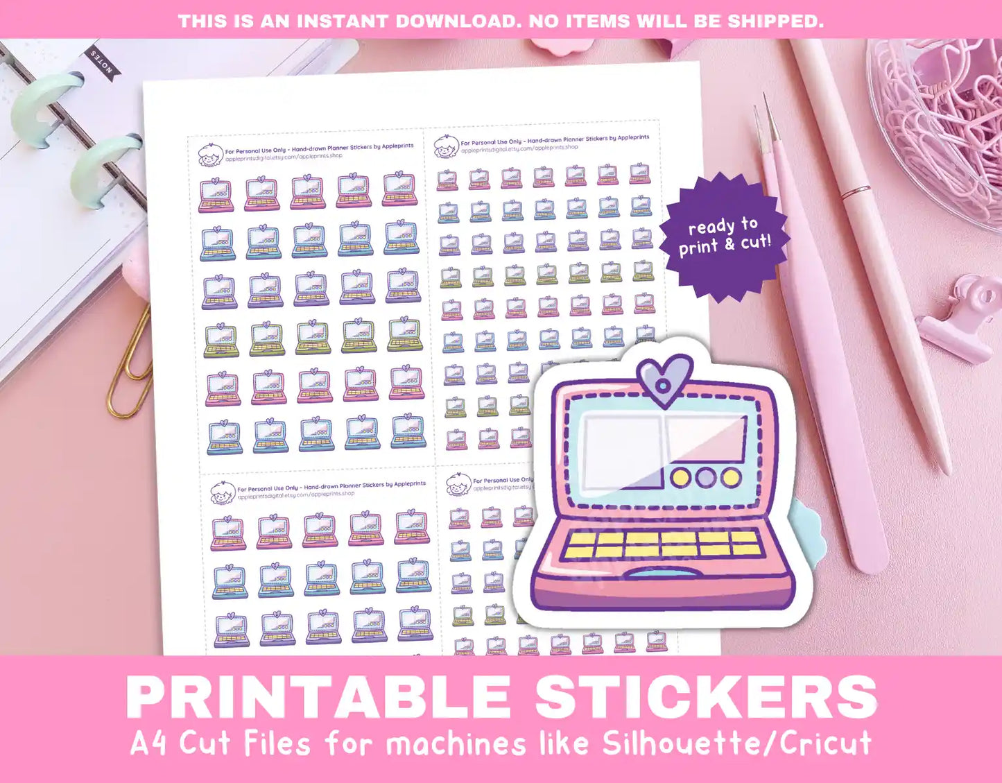 Laptop Work & School Planner Icons Functional Stickers for Cricut & Silhouette Print and Cut