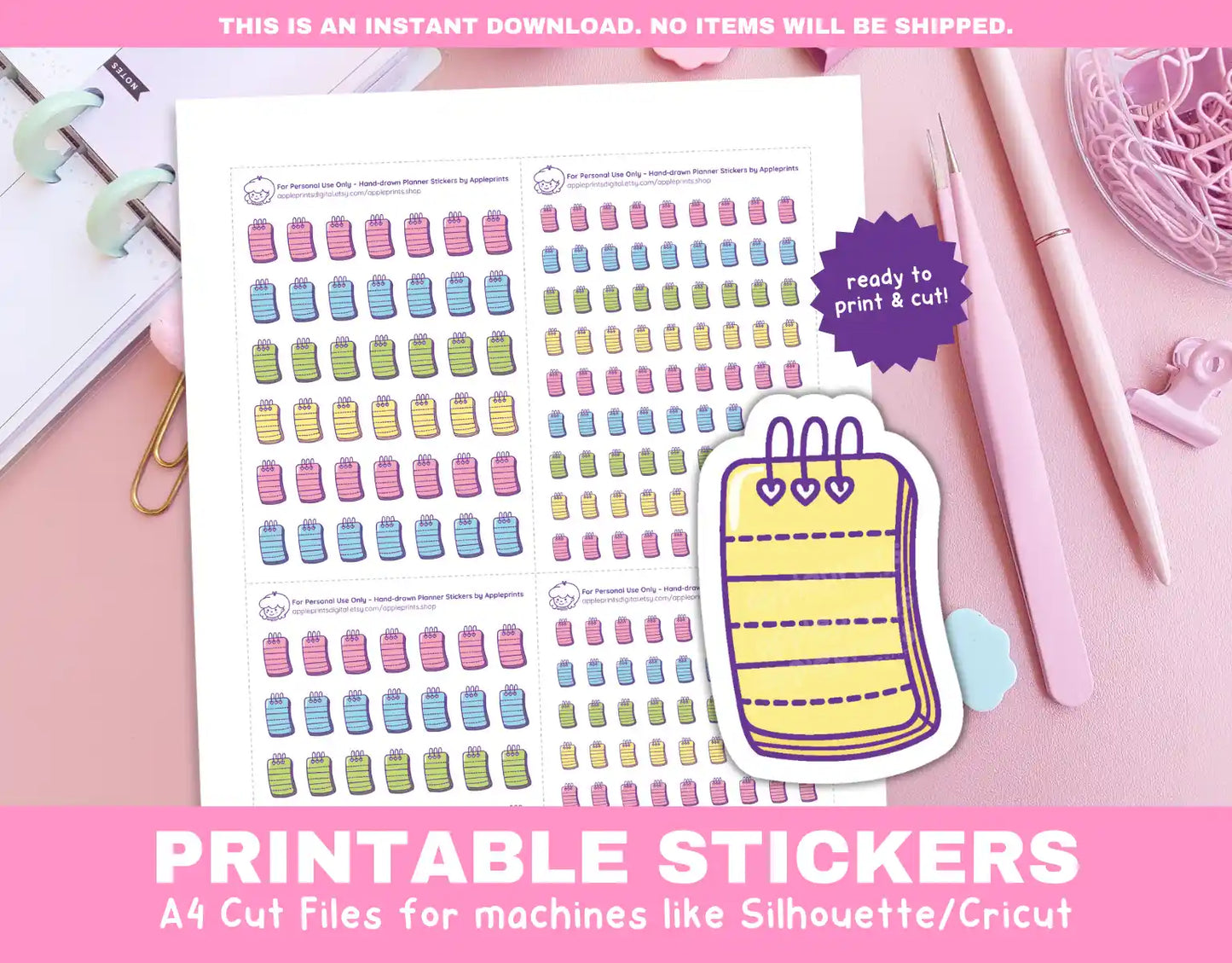 Notepad Planner Icons Functional Stickers for Cricut & Silhouette Print and Cut