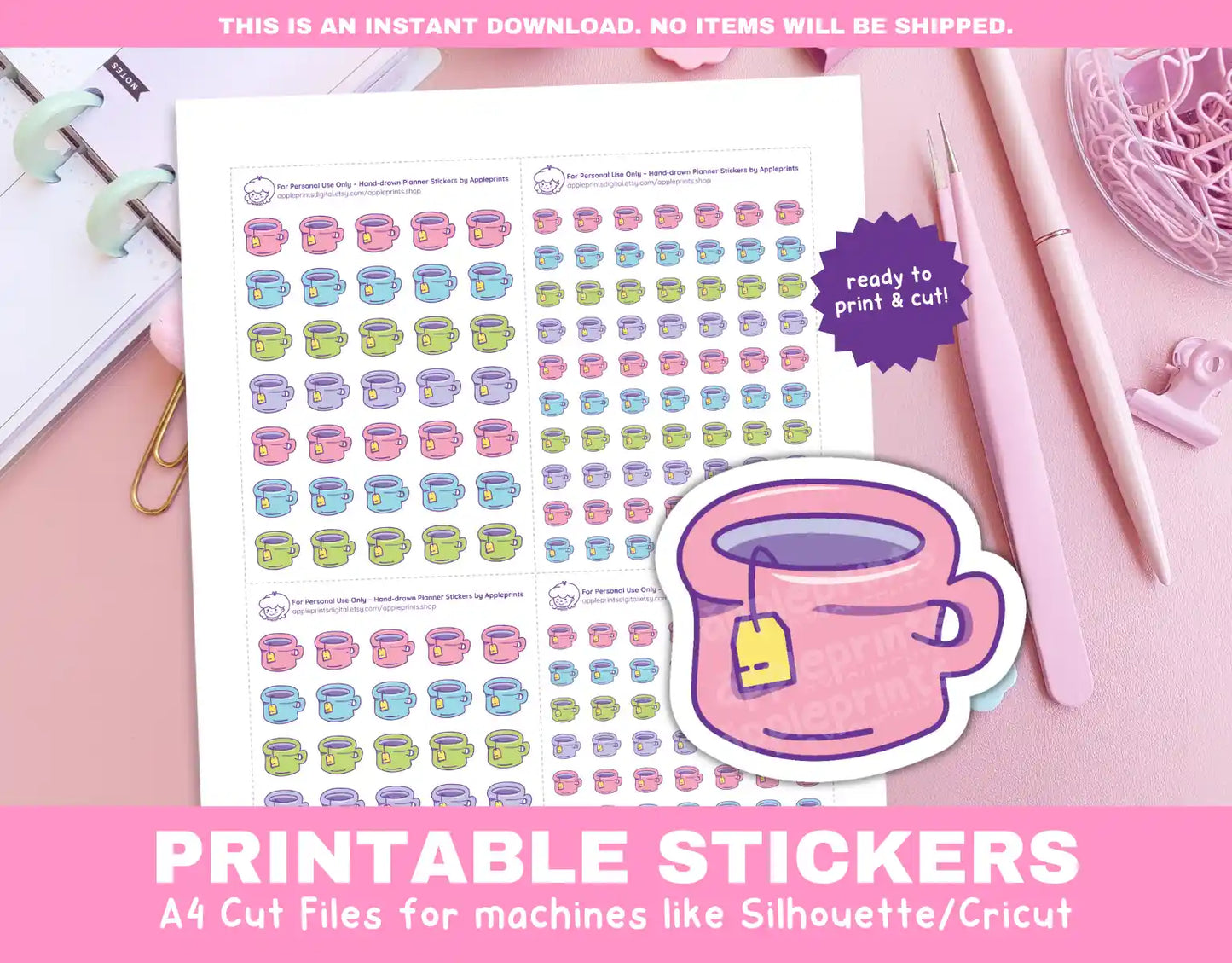 Cup of Tea Planner Icons Functional Stickers for Cricut & Silhouette Print and Cut