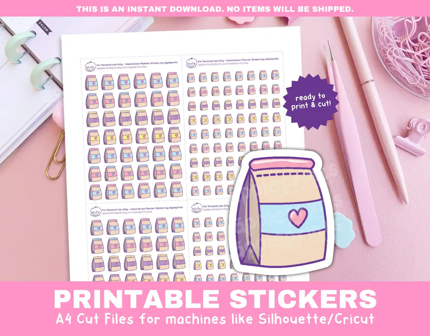 Fast Food Takeaway Bag Planner Icons Functional Stickers for Cricut & Silhouette Print and Cut