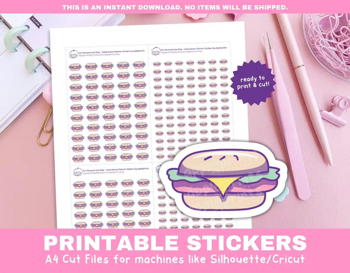 Burger Planner Icons Functional Stickers for Cricut & Silhouette Print and Cut