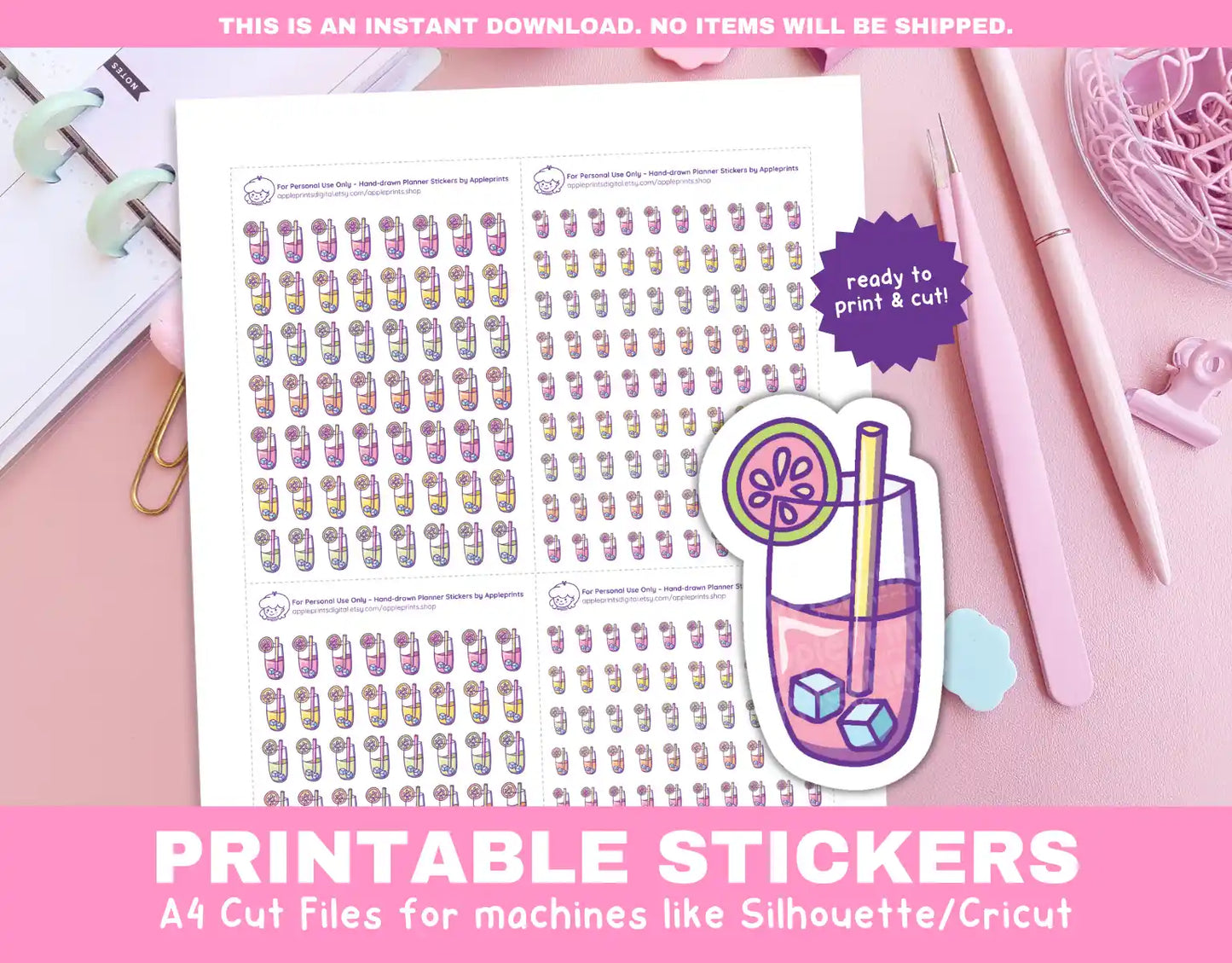 Citrus Fruit Juice Planner Icons Functional Stickers for Cricut & Silhouette Print and Cut