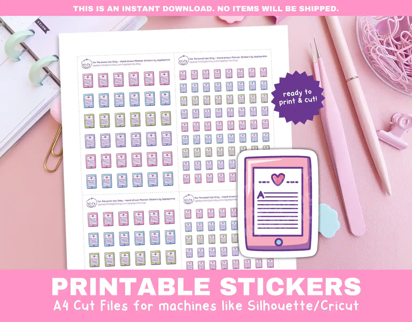 eBook Reader Planner Icons Functional Stickers for Cricut & Silhouette Print and Cut