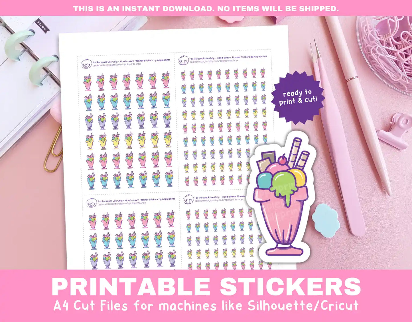 Ice Cream Sundae Planner Icons Functional Stickers for Cricut & Silhouette Print and Cut