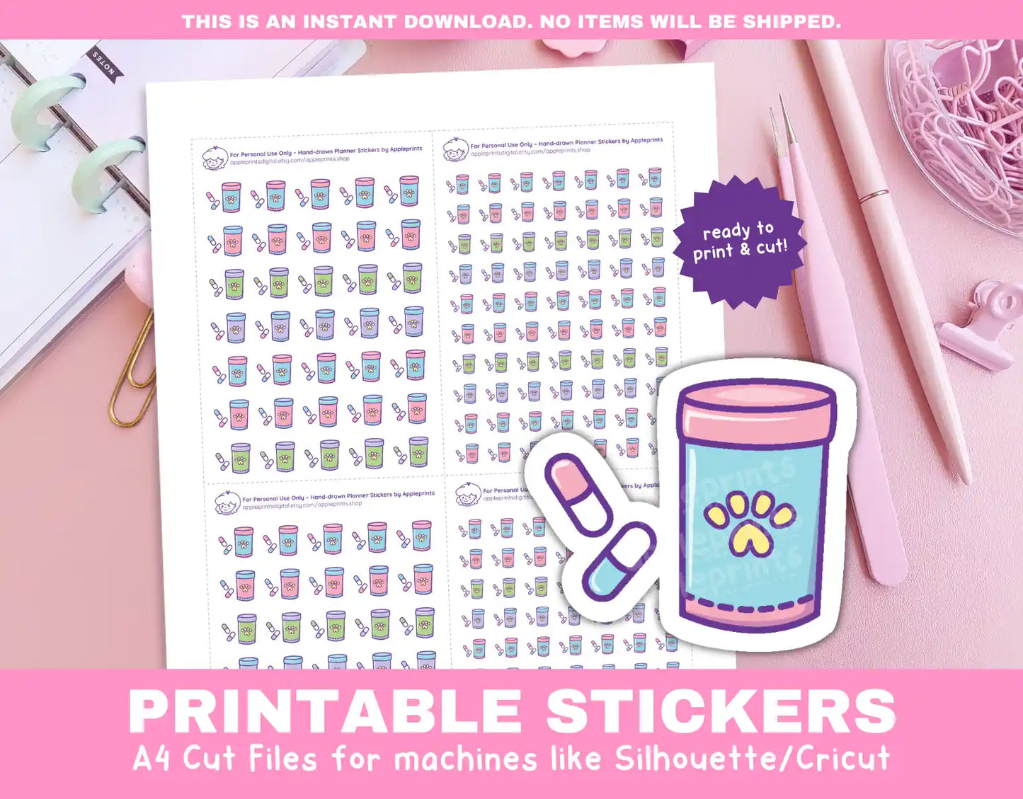 Pet Medicine Planner Icons Functional Stickers for Cricut & Silhouette Print and Cut