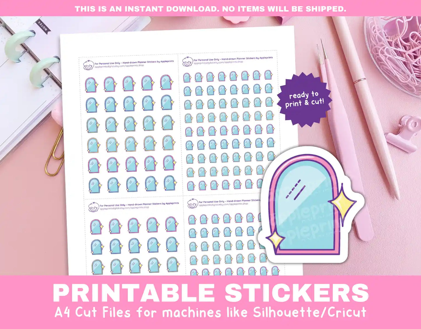 Clean Mirror Planner Icons Functional Stickers for Cricut & Silhouette Print and Cut