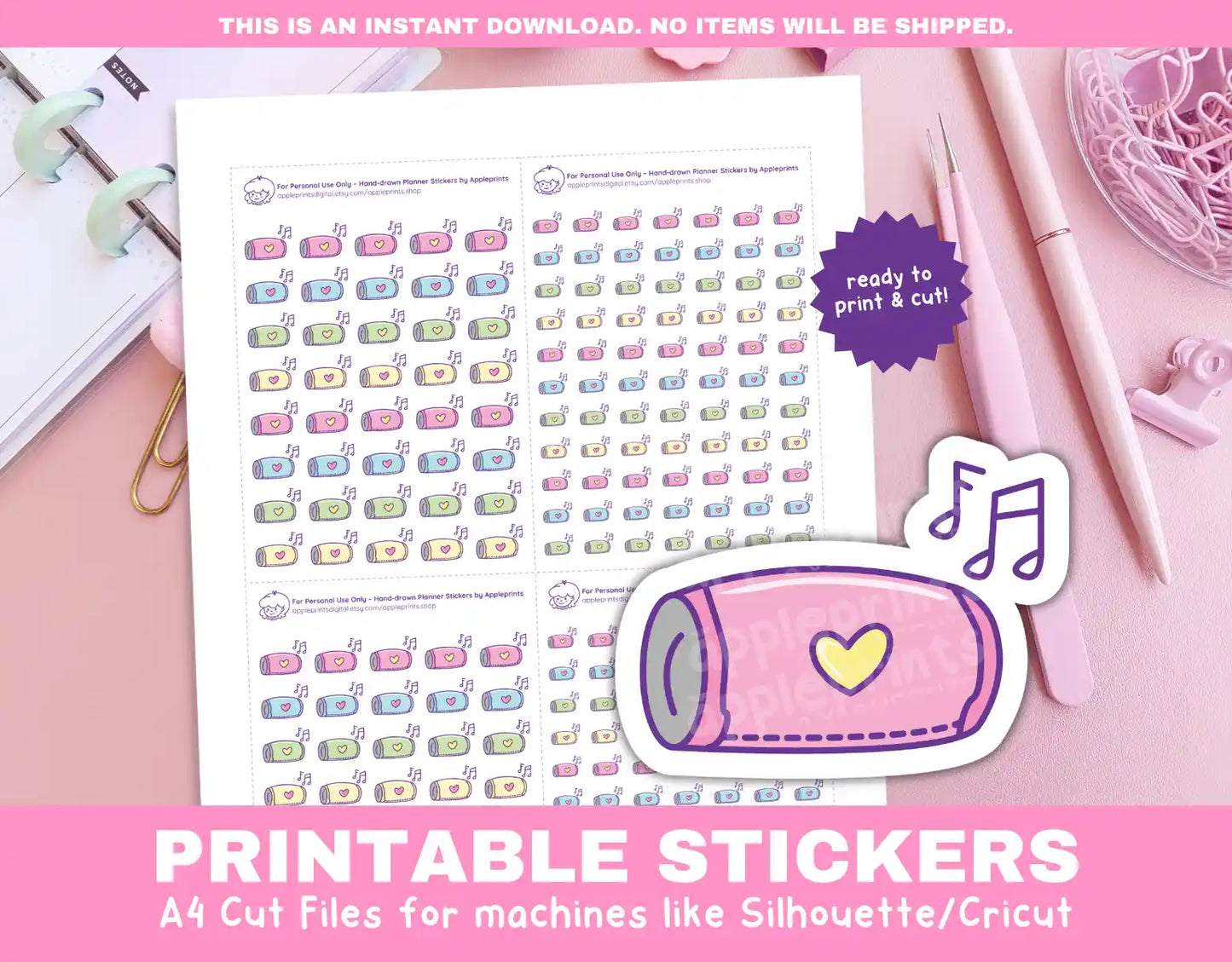 Listen to Music (Speakers) Planner Icons Functional Stickers for Cricut & Silhouette Print and Cut
