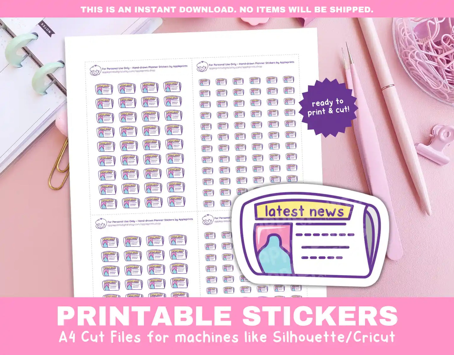 Read Newspaper Planner Icons Functional Stickers for Cricut & Silhouette Print and Cut