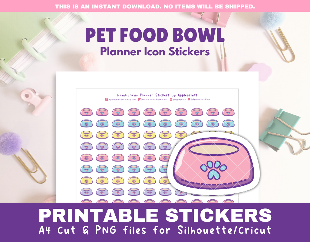 Pet Food Bowl Icon - A4 Printable Planner Stickers