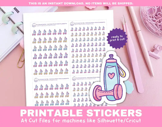 Gym Water Bottle Fitness Printable Planner Icons Functional Stickers for Cricut & Silhouette Print and Cut