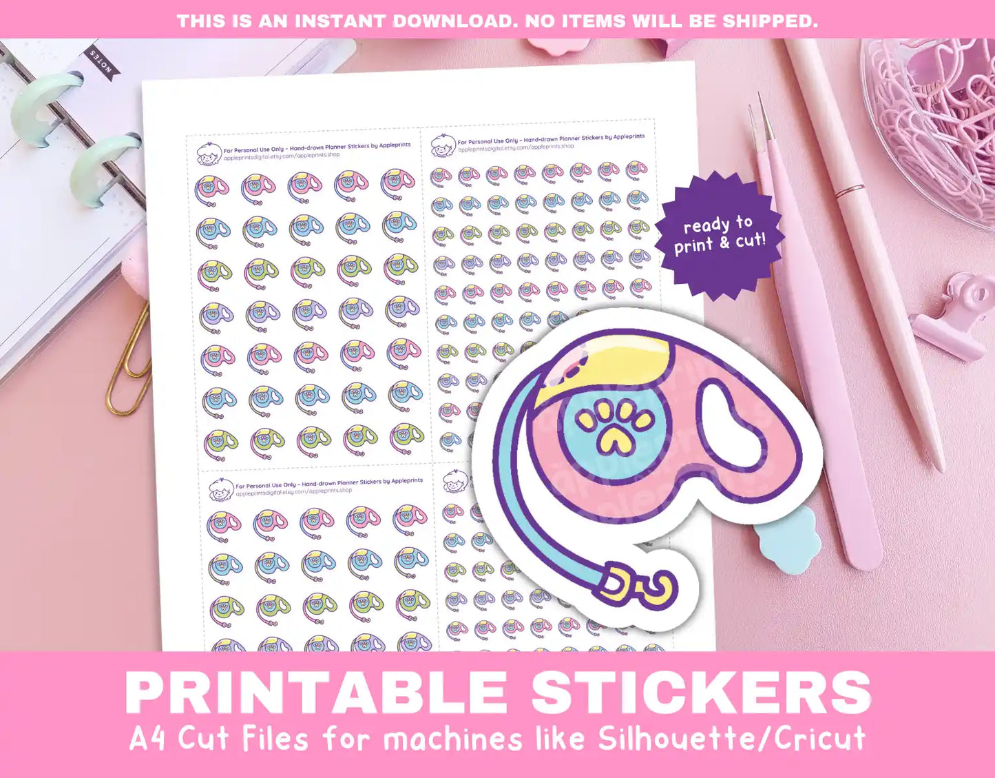 Walk Pet Printable Planner Icons Functional Stickers for Cricut & Silhouette Print and Cut