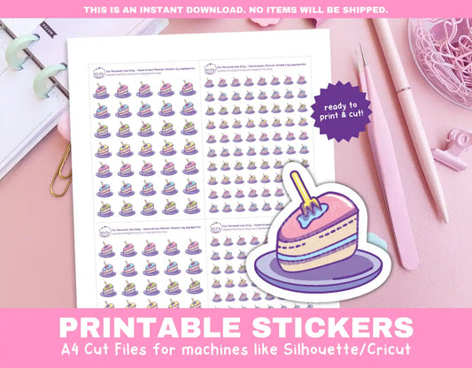 Slice of Cake Dessert Planner Icons Functional Stickers for Cricut & Silhouette Print and Cut