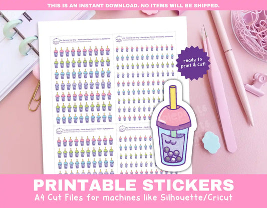 Boba Tea Planner Icons Functional Stickers for Cricut & Silhouette Print and Cut