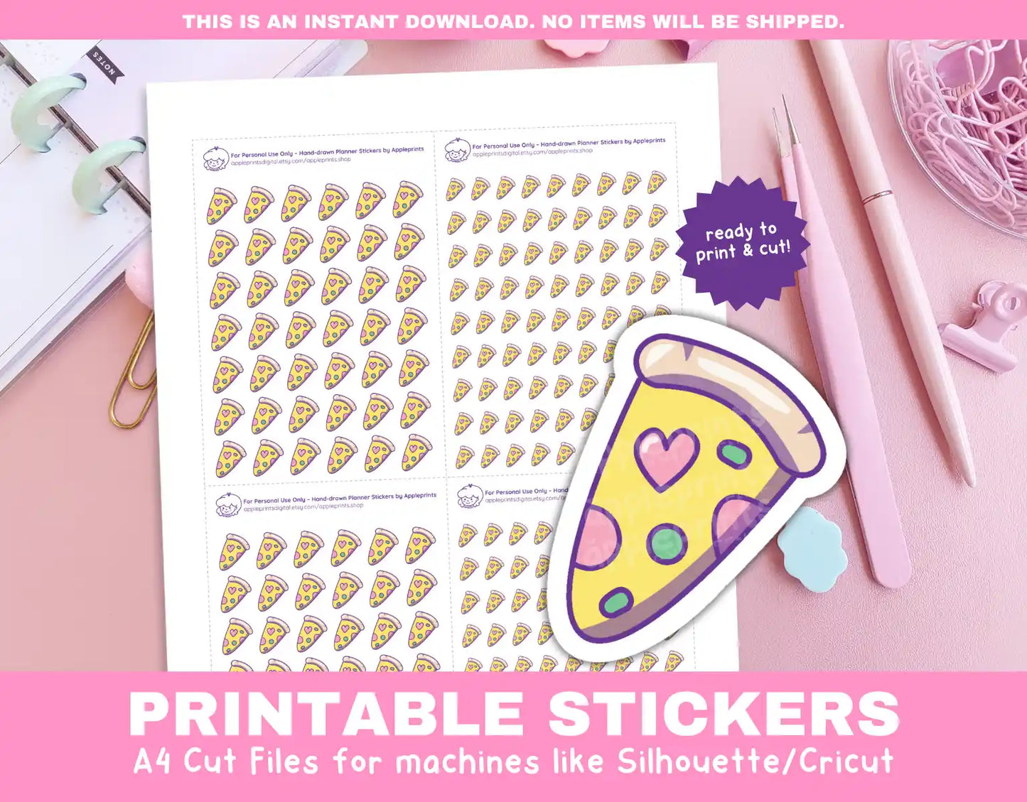 Pizza Slice Planner Icons Functional Stickers for Cricut & Silhouette Print and Cut