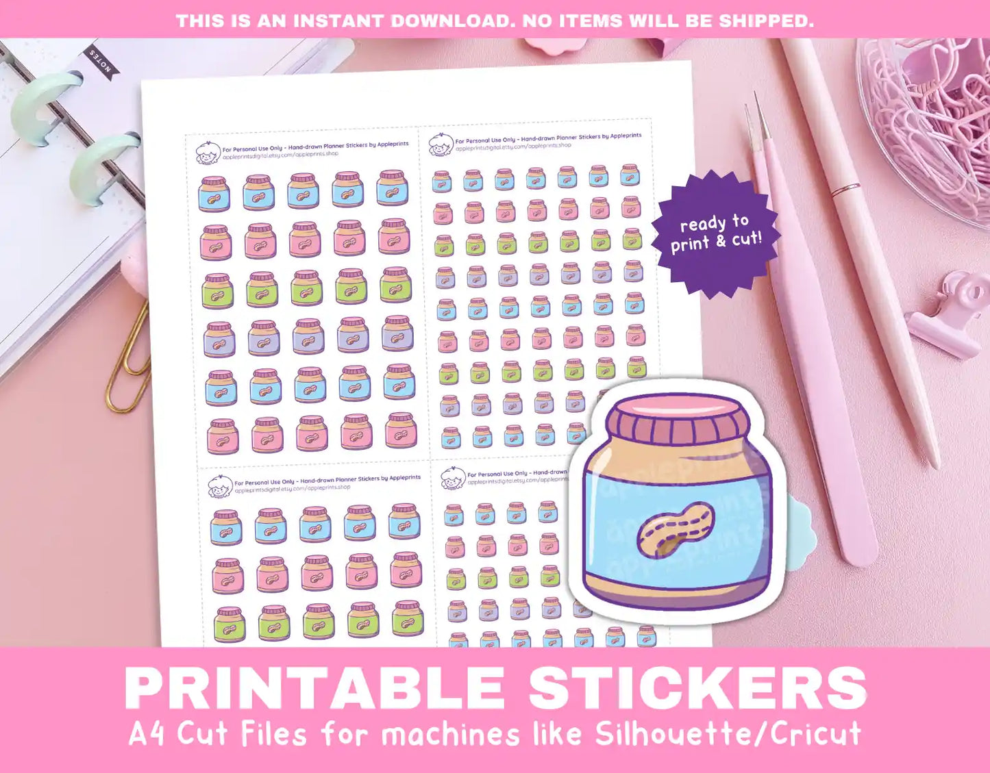 Peanut Butter Planner Icons Functional Stickers for Cricut & Silhouette Print and Cut