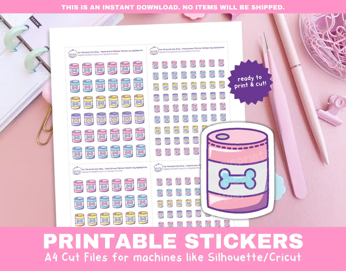 Dog Wet Food Planner Icons Functional Stickers for Cricut & Silhouette Print and Cut