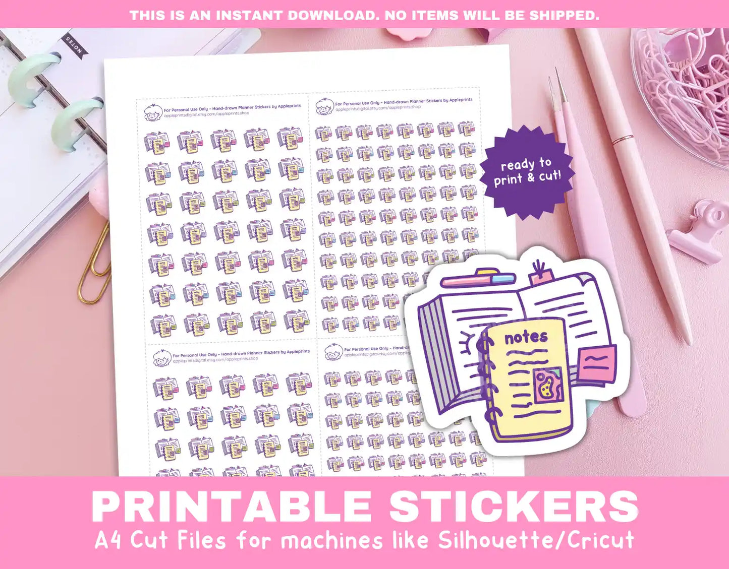 Study Notes, Study Session Planner Icons Functional Stickers for Cricut & Silhouette Print and Cut